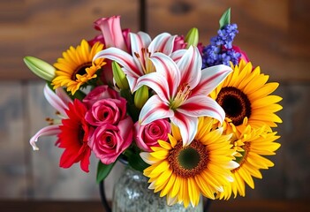 Vibrant bouquet of lilies, roses, and sunflowers in a rustic vase,  greenery,  celebration