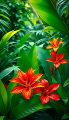 Vibrant tropical flowers bloom amidst lush green jungle foliage, a symbol of rich biodiversity,  rainforest,  lush