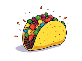 A vibrant cartoon taco bursting with colorful fillings on a white background, perfect for food-related designs,  doodle,  icon