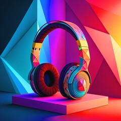 Colorful Headphones: A visually striking studio shot showcasing vibrant, high-quality headphones, highlighting their design against an abstract, multi-faceted backdrop.
