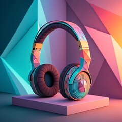 Colorful headphones with flowing music notes on a clean white background