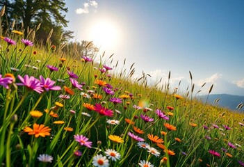 Sun-drenched meadow bursting with colorful wildflowers, gently swaying in a soft breeze ,  open space,  bright
