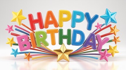 Fototapeta premium Happy Birthday Text in Multicolored 3D Letters with Stars and Ribbons in Bright Colorful Lighting for Celebration