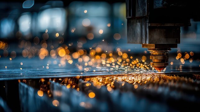 Close Up of Industrial Cnc Laser Cutting Steel with Bright Orange Sparks in Dark Blue Background