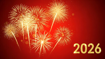 fireworks display on red background with 2026 text overlay