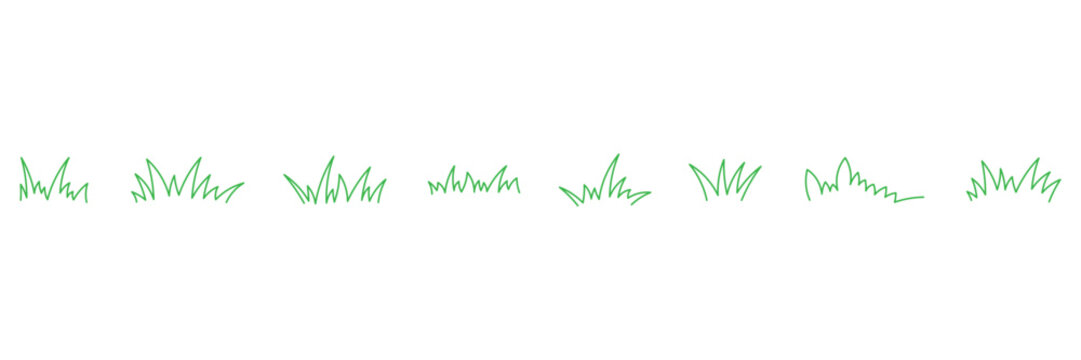 Outline grassland or meadow sketch simple design. Green grass stroke hand drawn texture for garden pattern. Grass line doodle.
