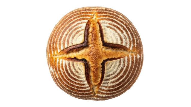 Isolated sourdough bread loaf with scoring pattern, baked golden brown and dusted with flour