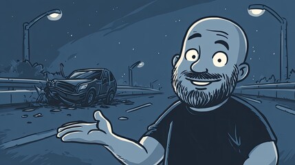 A cartoon illustration of an attractive, bald man with facial hair and a beard, pointing at his car that has crashed and is on its side on the highway