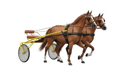 Isolated team of two horses in harness pulling yellow sulky. Sporting equipment view