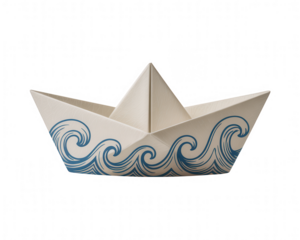 A simple paper boat with blue wave patterns on light cream background transparent background