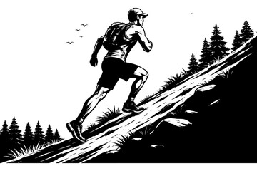 Man running uphill on a rocky trail with trees and birds in the background