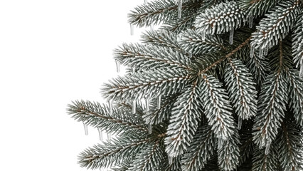 Isolated snowy Christmas fir, branch with icicles, festive winter holiday season decoration © Ari