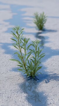 A vertical close-up of a vibrant green plant sprout growing defiantly through textured grey concrete pavement, standing firmly in a shallow puddle of clear water, symbolizing resil