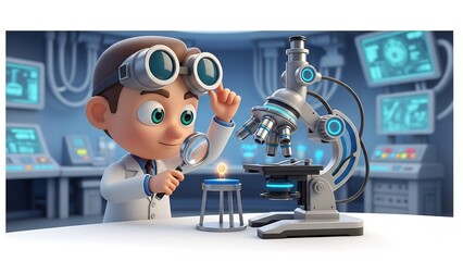 Cute Scientist Intensely Studies Light Under Microscope