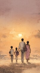 Obraz premium A hand-drawn illustration of an family walking towards the sunset