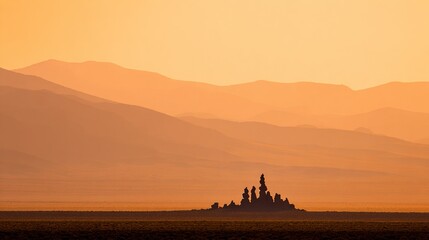 ziggurat. Desert landscape at sunset, stepped pyramid silhouette against orange sky. inspiring travel planning, ESG reports, designed for environmental awareness campaigns, drives climate awareness.