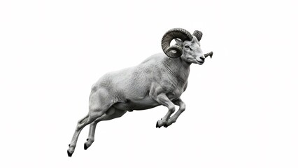 Majestic ram leaps powerfully against white background