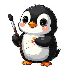Obraz premium Cute Cartoon Penguin Holding Paintbrush with Colorful Paint Splatters, Vector Art