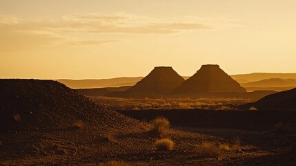 ziggurat. Desert landscape at sunset, stepped pyramid silhouette against orange sky. inspiring travel planning, ESG reports, designed for environmental awareness campaigns, drives climate awareness.