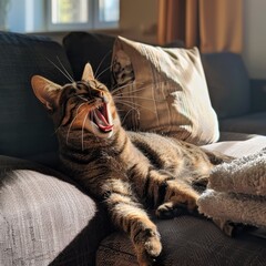 Portrait of a striped domestic cat. Cat's face in close-up, the cat yawns with its mouth wide open.