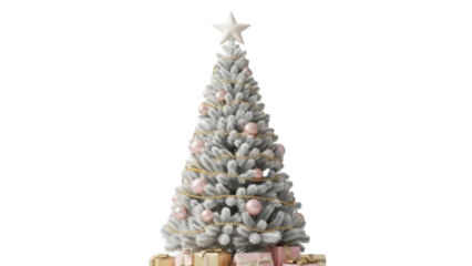Isolated flocked Christmas tree with pink ornaments and presents, holiday decorations, shiny