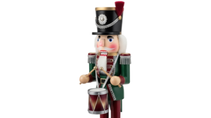 Isolated decorative nutcracker figure with drum, vintage toy for Christmas holiday season