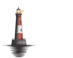 A tall classic red and white brick lighthouse with a bright light shining at transparent background