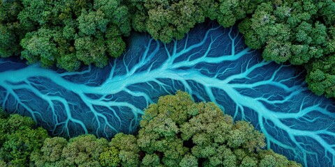 Aerial View of Braided River amidst Green Forest Canopy Creates a Natural Abstract Pattern, Vivid Cyan Water, Dense Woodland