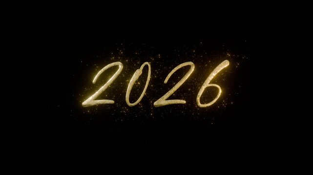 New Year's Eve 2026. The gold text 2026 appears with particles on a black background