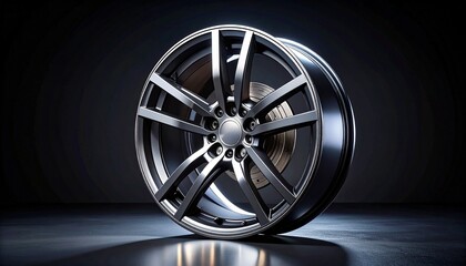 Professional studio shot of a 22-inch luxury alloy wheel rim, multi-spoke design, metallic silver and black chrome finish, glowing brake discs visible behind.