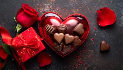 Romantic collection of gourmet heart-shaped chocolates in a special gift box, complemented by a beautiful red rose and delicate petals, symbolizing love and passion for heartfelt celebrations