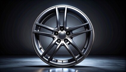 Professional studio shot of a 22-inch luxury alloy wheel rim, multi-spoke design, metallic silver and black chrome finish, glowing brake discs visible behind.