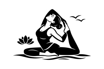Elegant silhouette of a woman performing a yoga pose with a lotus flower and birds