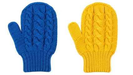 Isolated knitted mittens, winter season hand clothing, woolen, blue and yellow colors