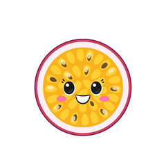 Cartoon passion fruit, cute tropical fruit, fun character, big eyes, happy smiling face, kawaii style, icon vector illustration.
