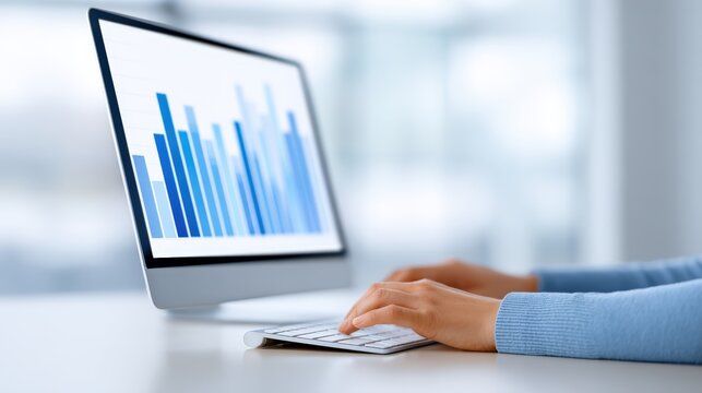 Accountant analyzing financial data on a modern computer, with blue bar graphs displayed on the screen, showcasing professional expertise in data management and analysis - Powered by Adobe