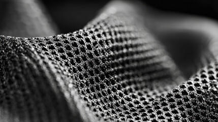 Close-up of a black mesh material with a honeycomb pattern. This detailed shot showcases the texture and design of a modern, breathable fabric