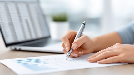 Accountant analyzing financial data on paper with laptop in background, showcasing professional workspace and focus on detailed financial analysis and planning
