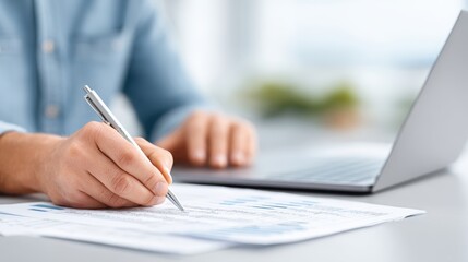 Fototapeta premium Accountant working diligently at a desk, writing notes on financial documents, with a laptop open, showcasing a professional workspace and focus on financial management