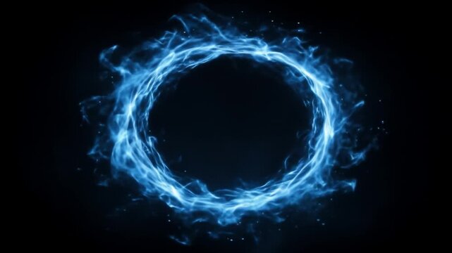 A vivid cobalt ring of electric flame floats in darkness, circular, luminous, energetic, alive glow!