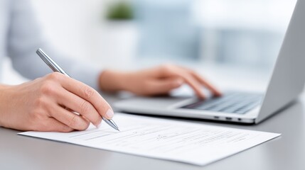 Professional accountant, a woman with light skin, is writing on a document while using a laptop, showcasing a modern workspace with focus on financial tasks