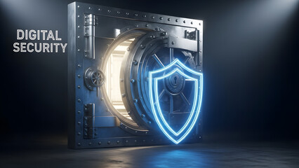 Image of a digital security concept featuring a glowing shield and an open bank vault door