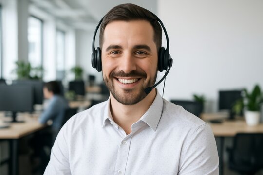 Smiling customer support representative with headset in modern office environment, conveying professionalism and communication concept. Ai generative - Powered by Adobe