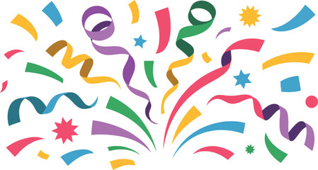 An energetic spread of vibrant colored streamers, confetti pieces, and star shapes creates a festive party mood