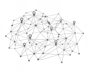 Complex geometric network diagram with interconnected nodes and lines on transparent background