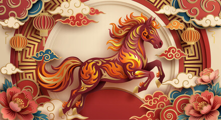 Chinese New Year of the Horse 2026. Paper cut art vector illustration of galloping horse with peony, lantern and clouds.