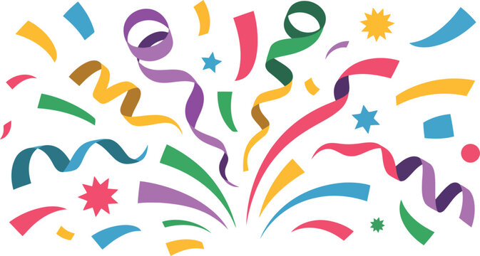An energetic spread of vibrant colored streamers, confetti pieces, and star shapes creates a festive party mood