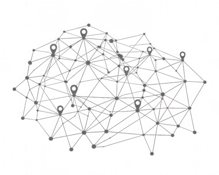 Complex geometric network diagram with interconnected nodes and lines on transparent background - Powered by Adobe