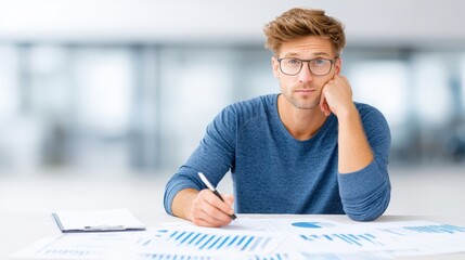 Young man with glasses is analyzing financial documents and charts at a desk, surrounded by a bright office environment, showcasing the accountant's work process and focus