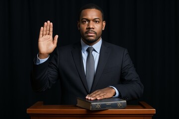 Confident man in suit takes oath with hand on book, symbolizing honesty and justice in formal setting on dark background. Ai generative. Ai generative